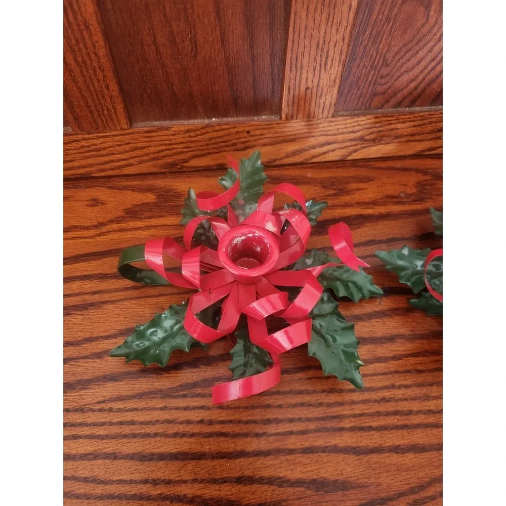 Set of 2 Vintage Dept 56 Holly Ribbon‎ Candle Holders Christmas Red Green